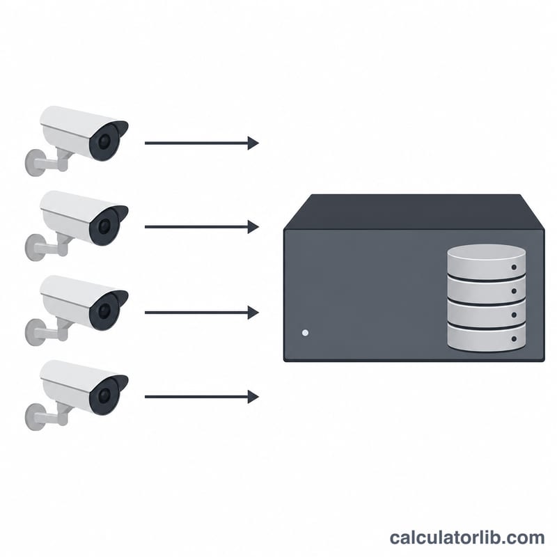 Diagram of multiple security cameras feeding into an NVR with a hard drive