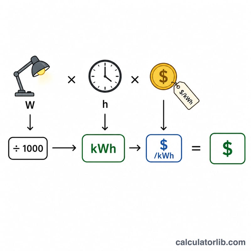 ワット÷1000×時間×単価＝料金を示す図