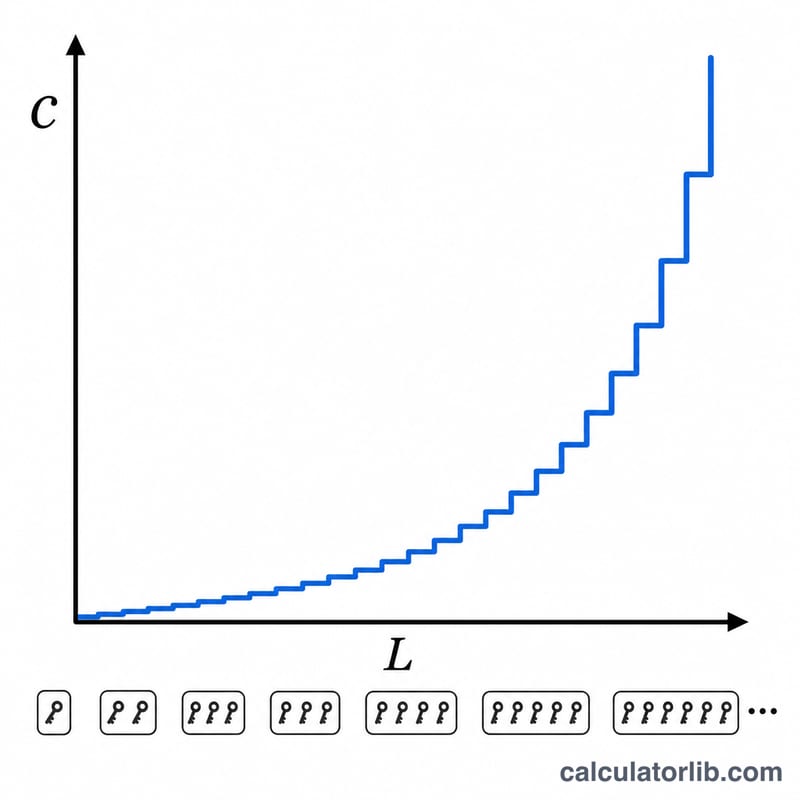 Diagram showing how the number of possible passwords grows exponentially with length L and character set size C