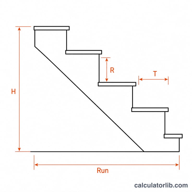 Side view diagram of a staircase showing total rise, riser height, tread depth and total run