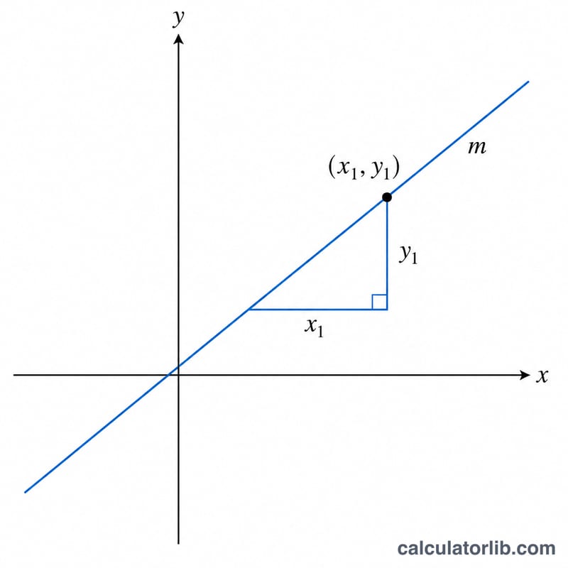 Line on coordinate axes passing through a marked point with slope shown as rise over run