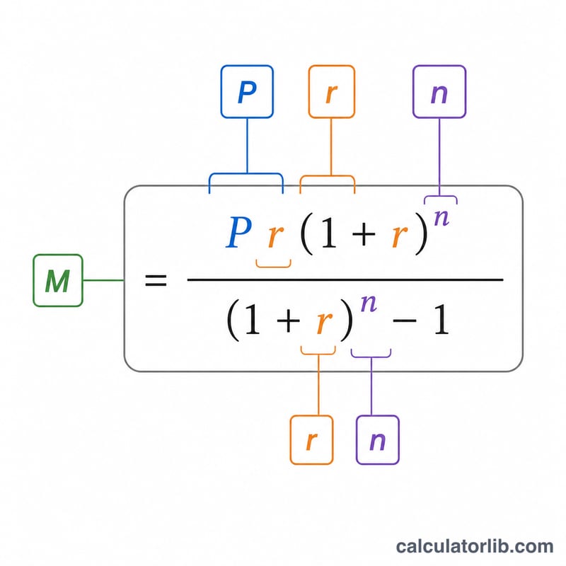 Diagram labeling the parts P, r, n and M of the amortization formula