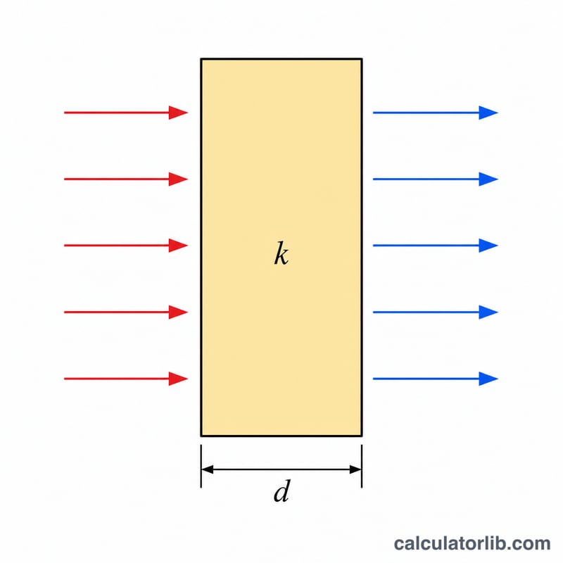 Diagram of heat flowing through an insulation layer of thickness d with conductivity k