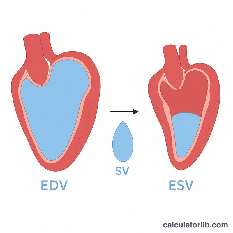 Diagrama del corazón que muestra el volumen telediastólico, el volumen telesistólico y el volumen sistólico como la porción expulsada