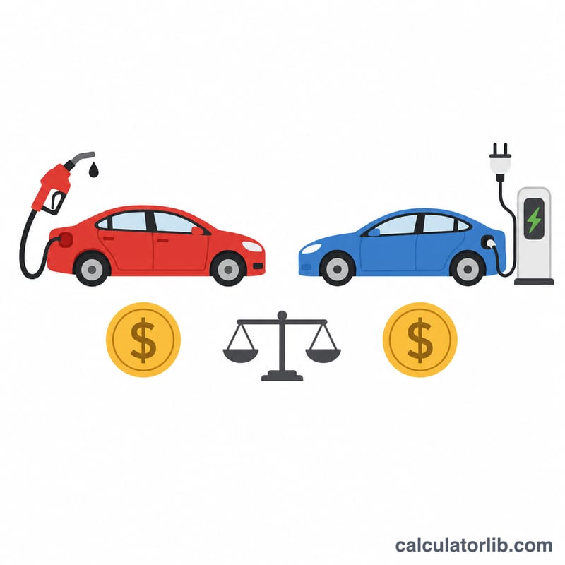 Two cars side by side, one with a fuel pump nozzle and one with a charging plug, each showing a cost-per-mile label area