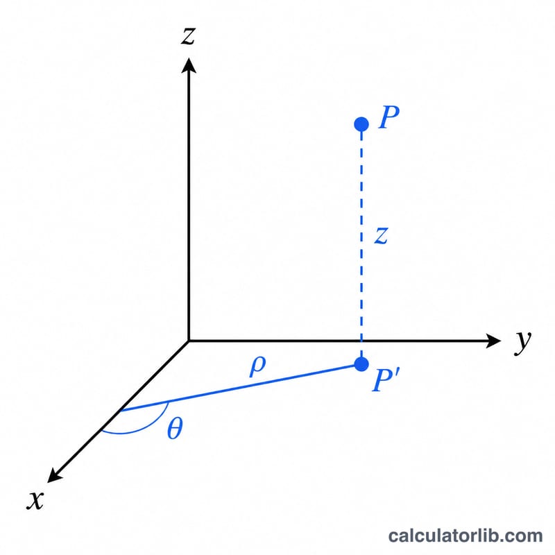 3D diagram showing a point with Cartesian x, y, z axes and cylindrical rho, theta, z components