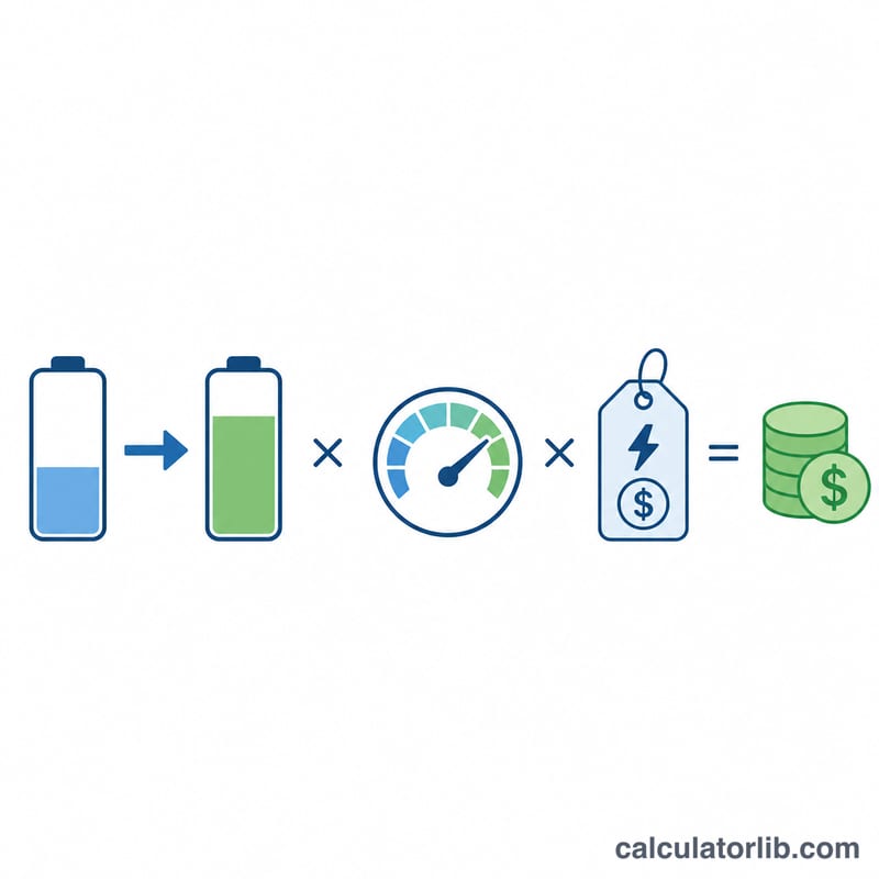 Diagram showing battery charge difference, efficiency and electricity price combining into total cost