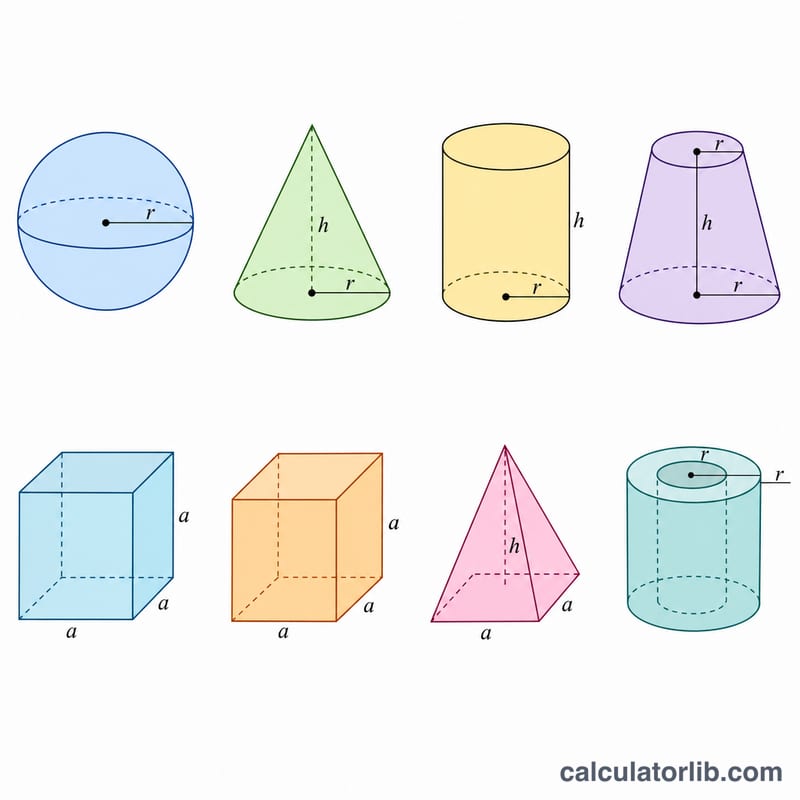 Set of basic 3D solids with key dimension labels