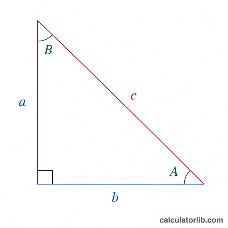 Right triangle with legs a and b, hypotenuse c, and angles A and B labeled