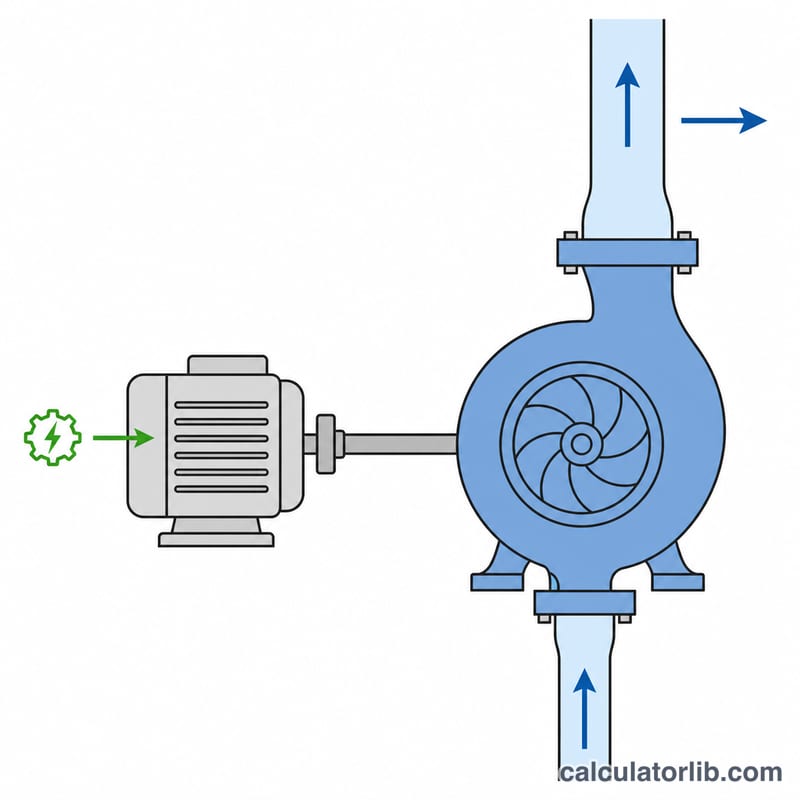 Flat diagram of a centrifugal pump driven by a motor showing input shaft power and output hydraulic power