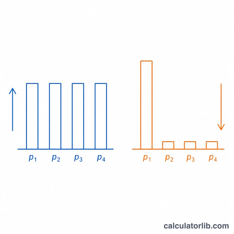 Bar charts comparing a uniform distribution with high entropy to a skewed distribution with low entropy