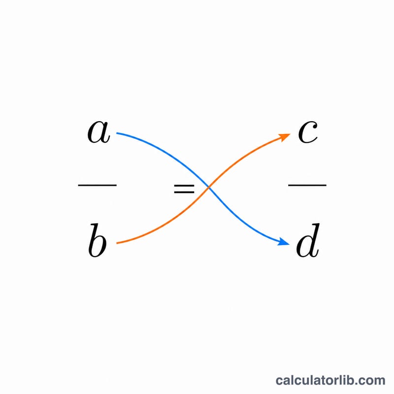 Proportion a/b equals c/d shown with diagonal cross-multiplication arrows linking a to d and b to c