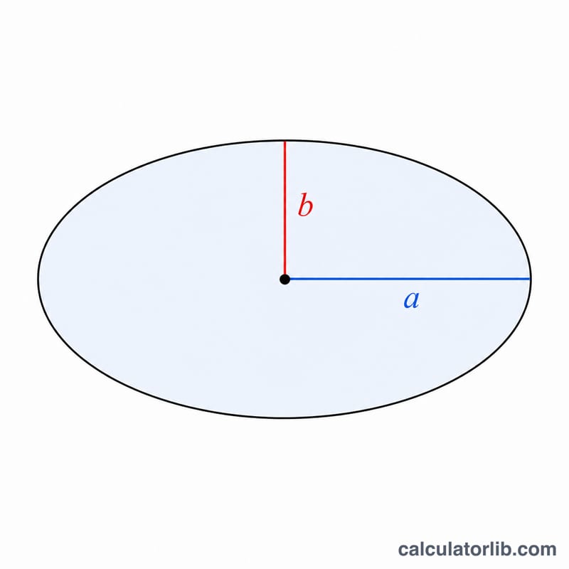 Ellipse showing semi-major axis a and semi-minor axis b from the center