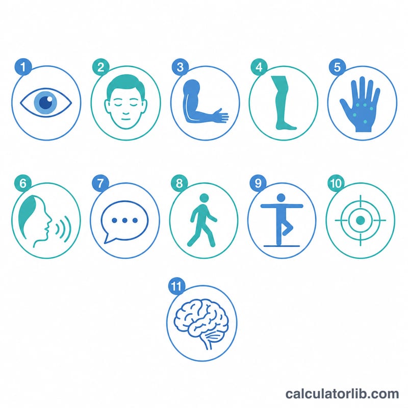 Grid of eleven numbered neurological assessment items grouped by body region