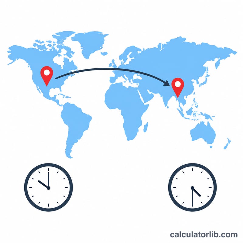 Map showing time difference between Central US and India with two clocks