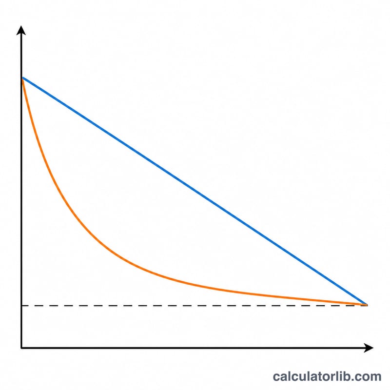 Line chart comparing straight-line and declining-balance book value decline over years