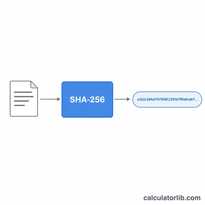 Flat diagram showing input text passing through a SHA-256 function box and producing a fixed 64-character hexadecimal digest