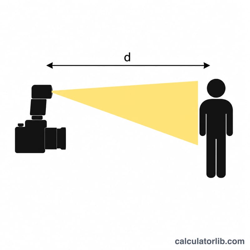 Flash unit, light cone, and subject separated by a distance arrow