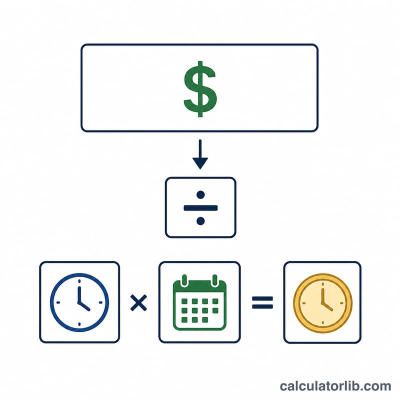 Diagram showing annual salary divided by hours per week times weeks per year equals hourly rate