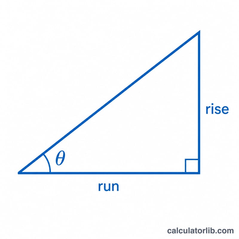 Right triangle showing roof rise, run, and pitch angle theta