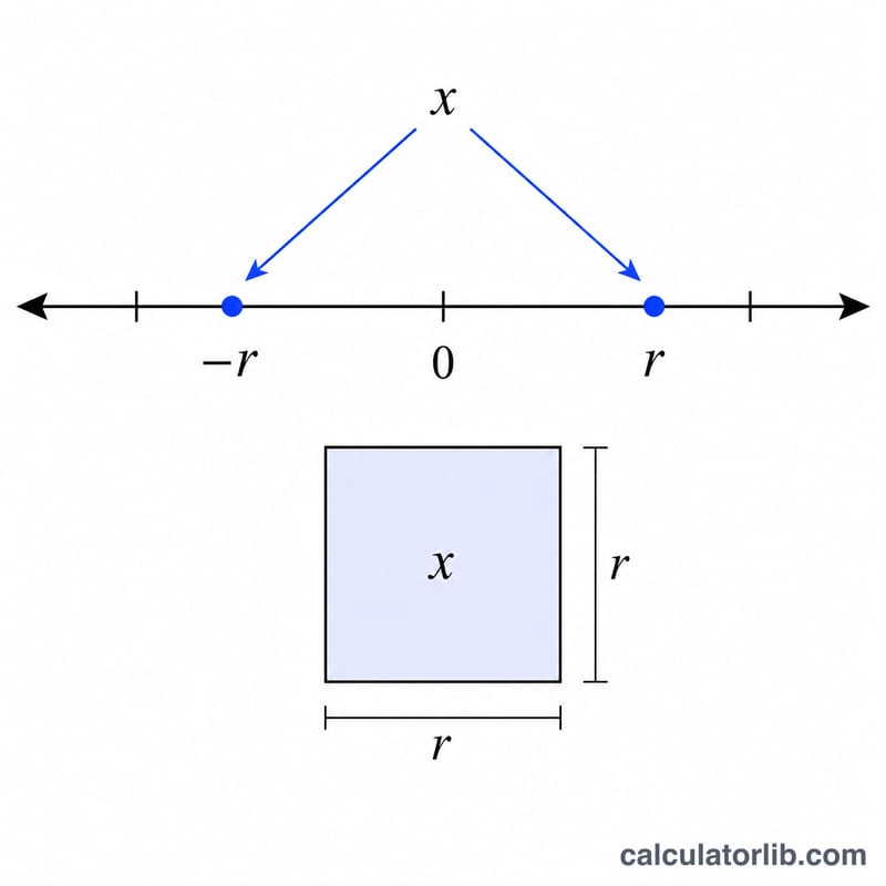 Number line showing positive and negative square roots of x at equal distance from zero