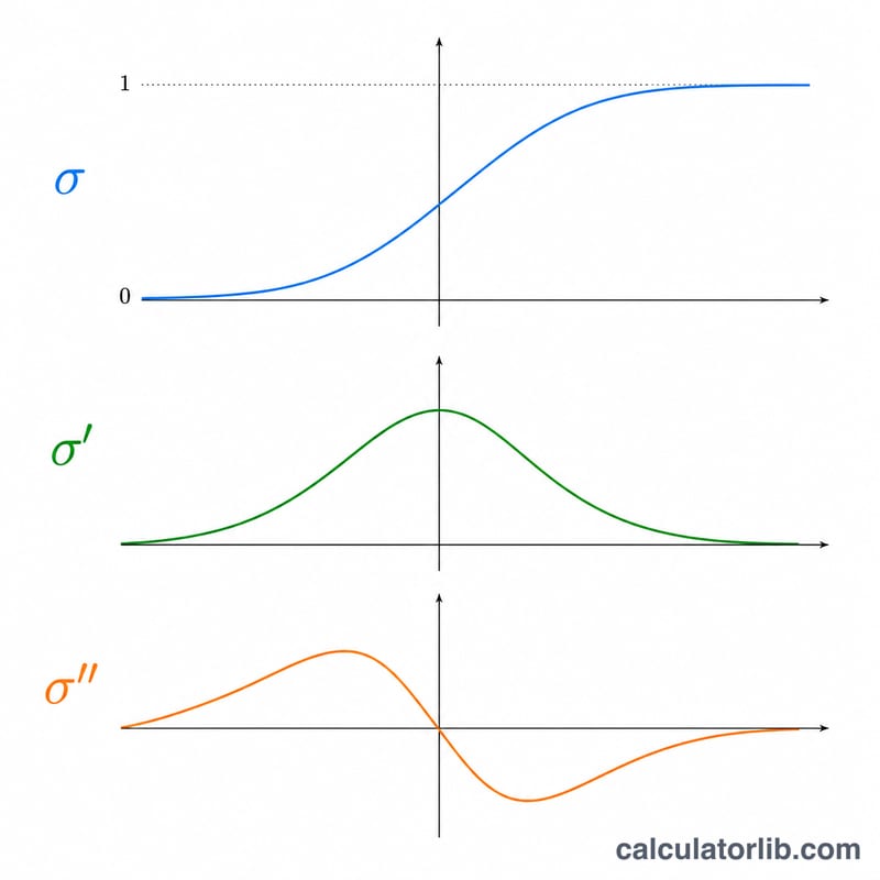 Sigmoid curve with its first derivative bell and second derivative wave aligned on the same x-axis
