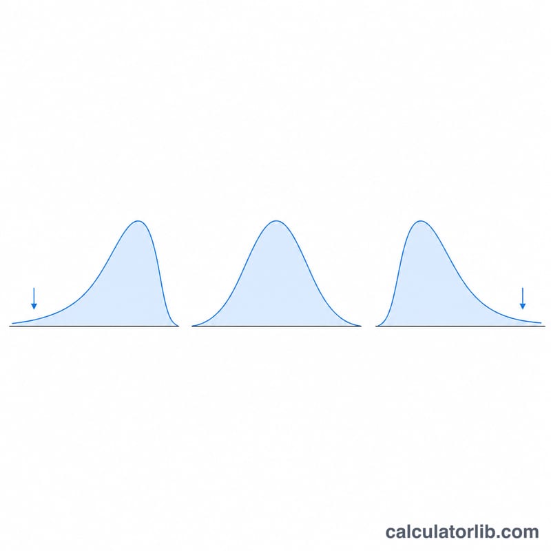 Three distribution curves showing left-skewed, symmetric, and right-skewed shapes
