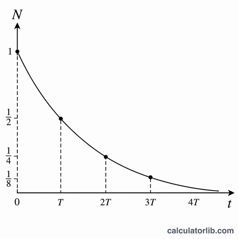 Exponential decay curve with quantity halving each half-life interval