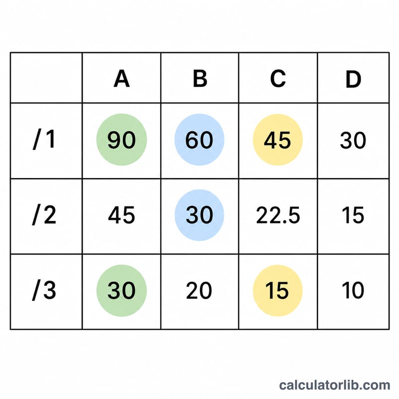 Table of votes divided by successive divisors 1, 2, 3 for several parties with the largest quotients highlighted as seat winners