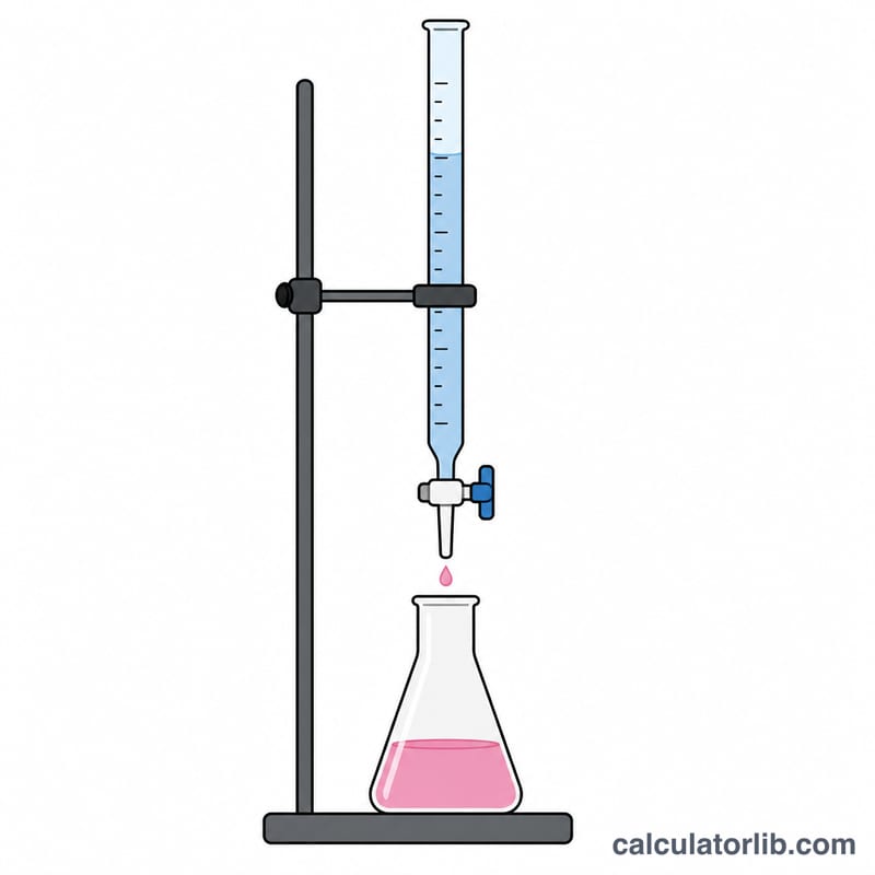 Flat diagram of a titration setup with burette dripping titrant into a flask of analyte