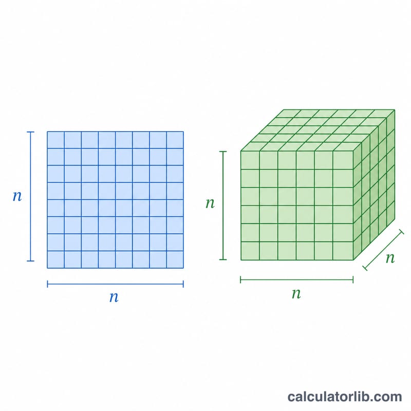 Flat diagram showing a number squared as a square area and cubed as a cube volume