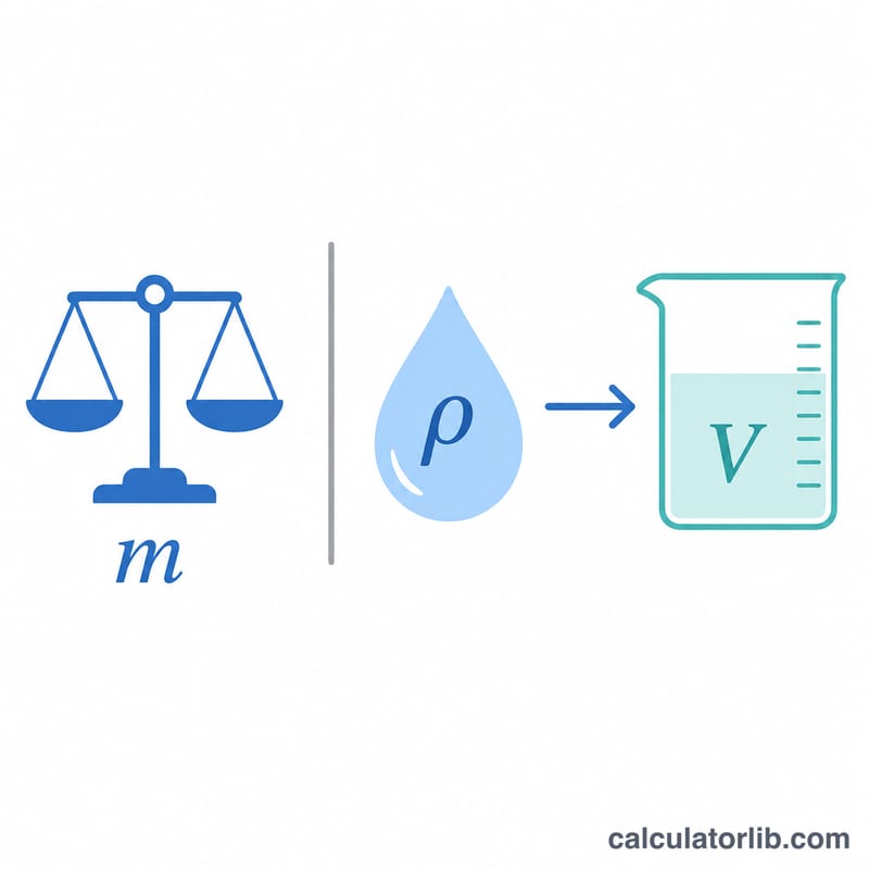 Diagram showing mass divided by density equals volume