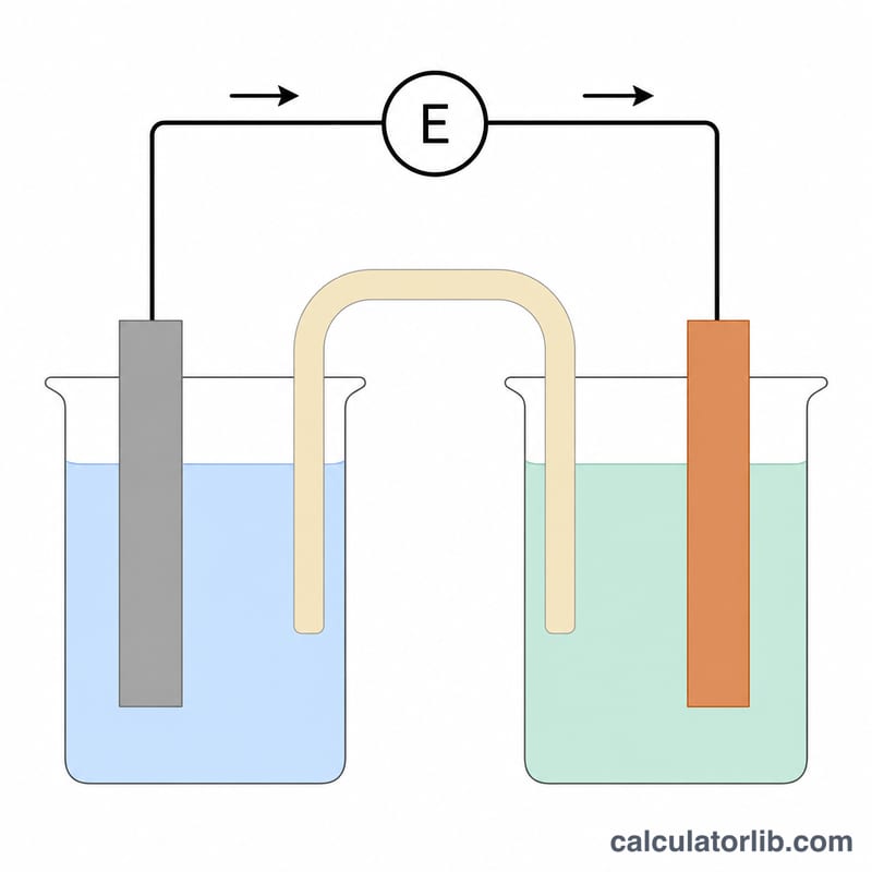Electrochemical cell with two electrodes in solution connected by a wire and salt bridge, showing electron flow and cell potential E.