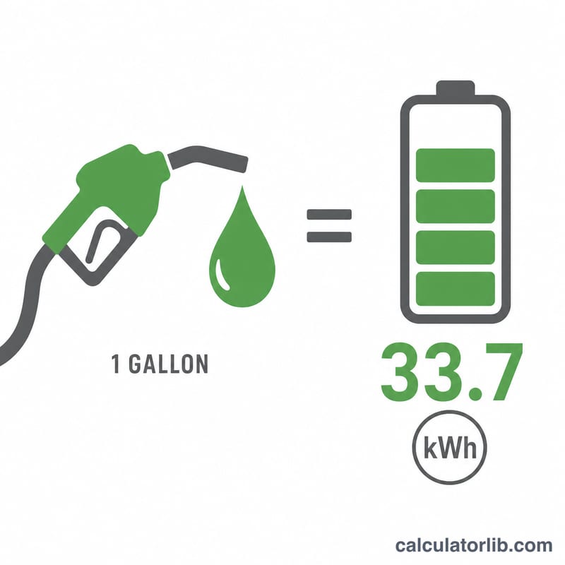 Diagram equating one gallon of gasoline to 33.7 kilowatt-hours of electricity