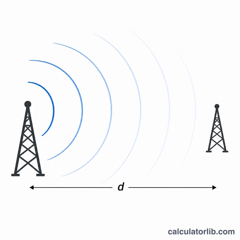 Radio waves spreading from a transmit antenna to a distant receive antenna over a distance d