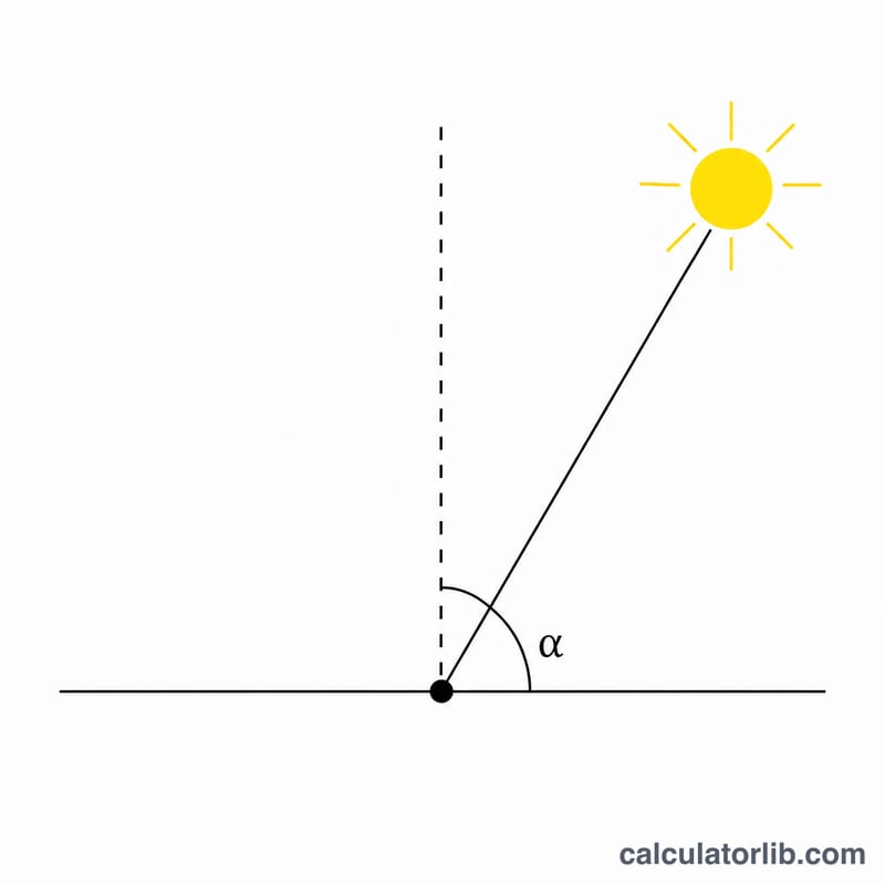 Diagram showing the Sun's elevation angle above the horizon and the complementary zenith angle from vertical