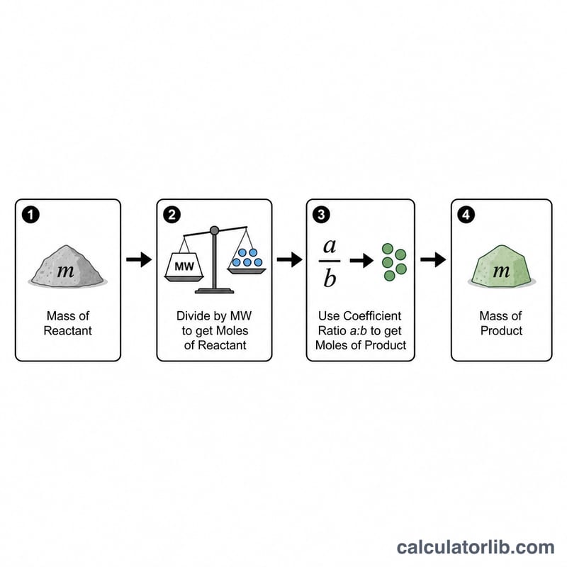 Flowchart showing conversion from reactant mass to moles to product moles to product mass