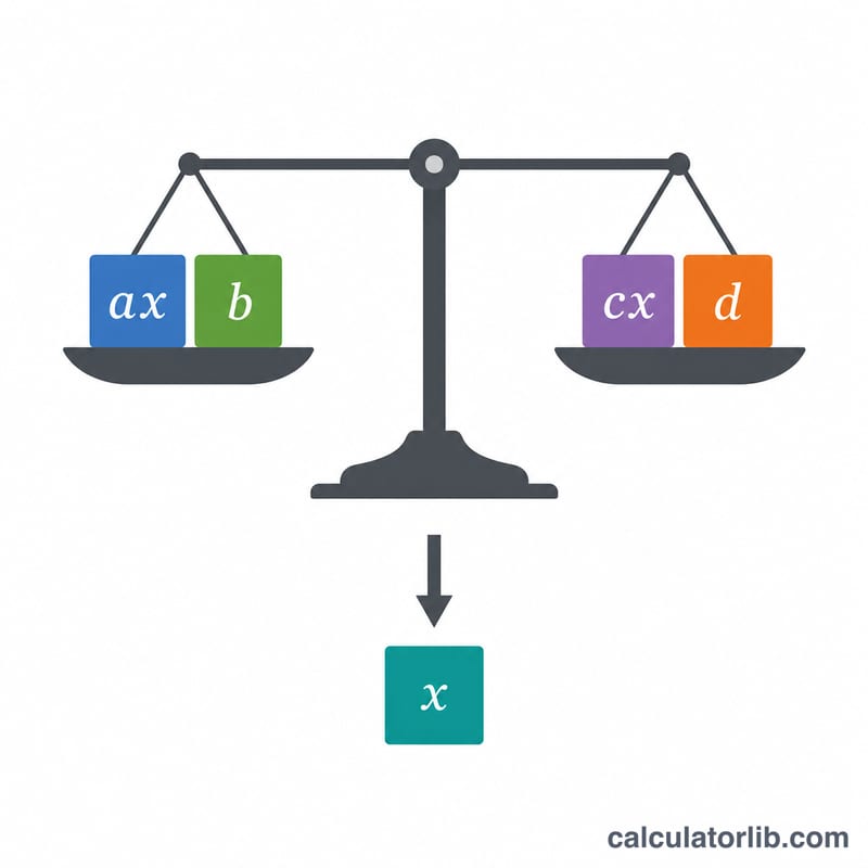 Balance scale diagram showing equal expressions on both sides being rearranged toward a solution