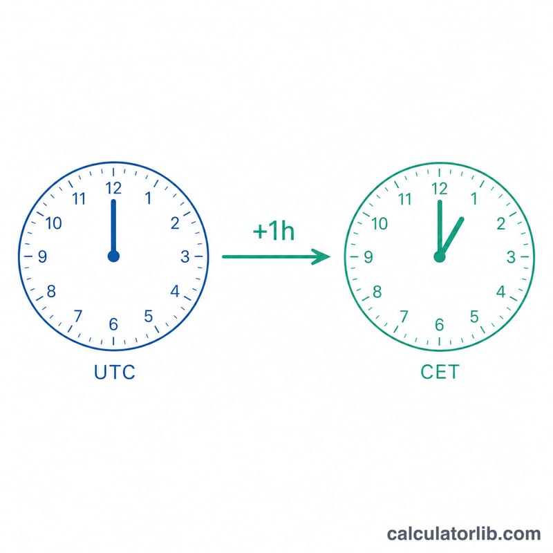 Two clocks showing UTC time and CET one hour ahead connected by an arrow