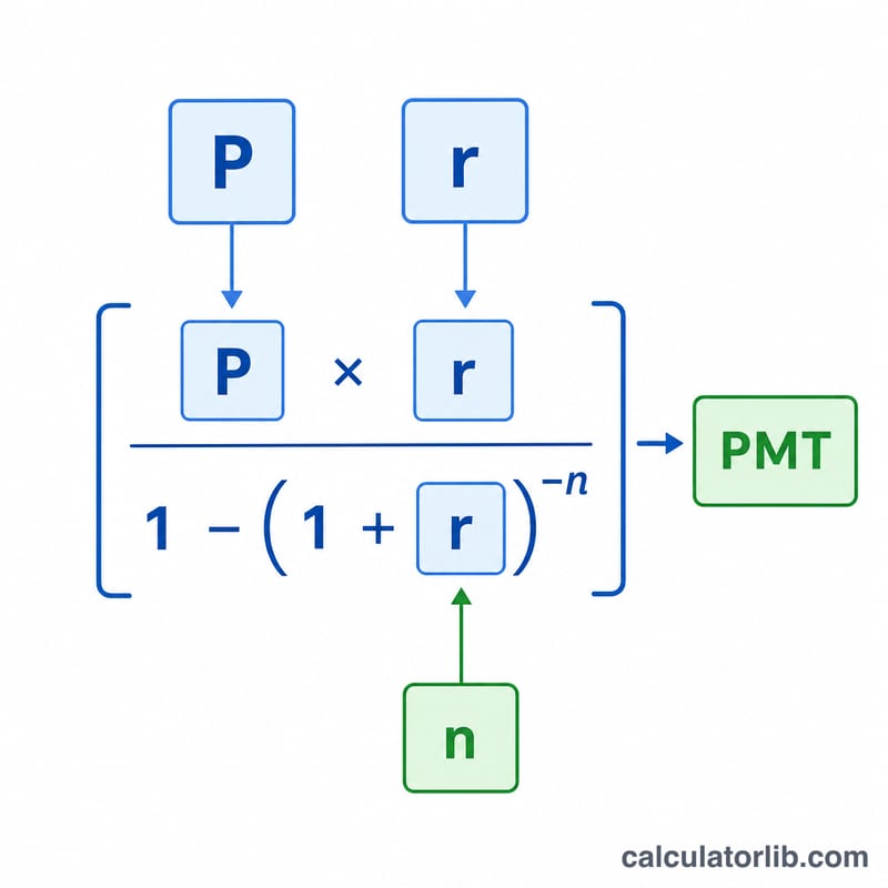 Diagram showing loan payment formula components P, r, and n forming the monthly payment