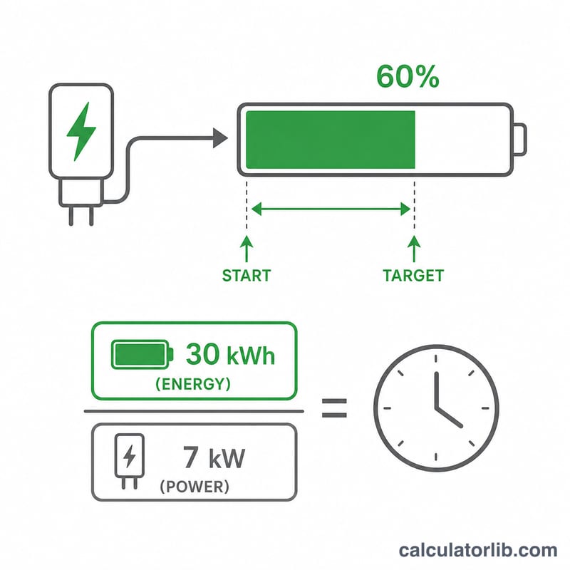 Diagram showing charger power and battery energy gap dividing into charge time
