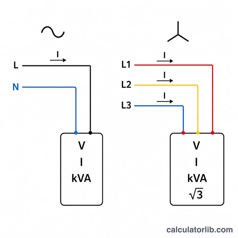 Single phase and three phase apparent power formula diagram with voltage, current and kVA