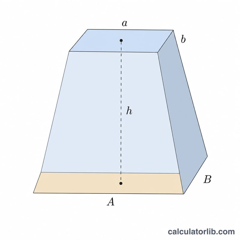 Rectangular frustum showing top sides a and b, bottom sides A and B, and height h