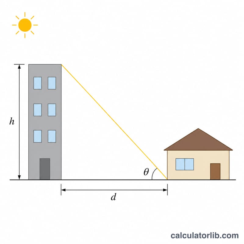 Cross-section diagram of a house and a taller building to its south with the sun's rays grazing the building roofline