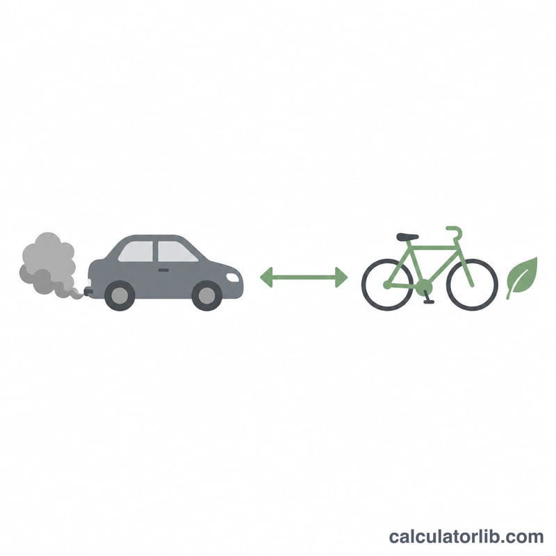 Car with exhaust cloud compared to bicycle with green leaf