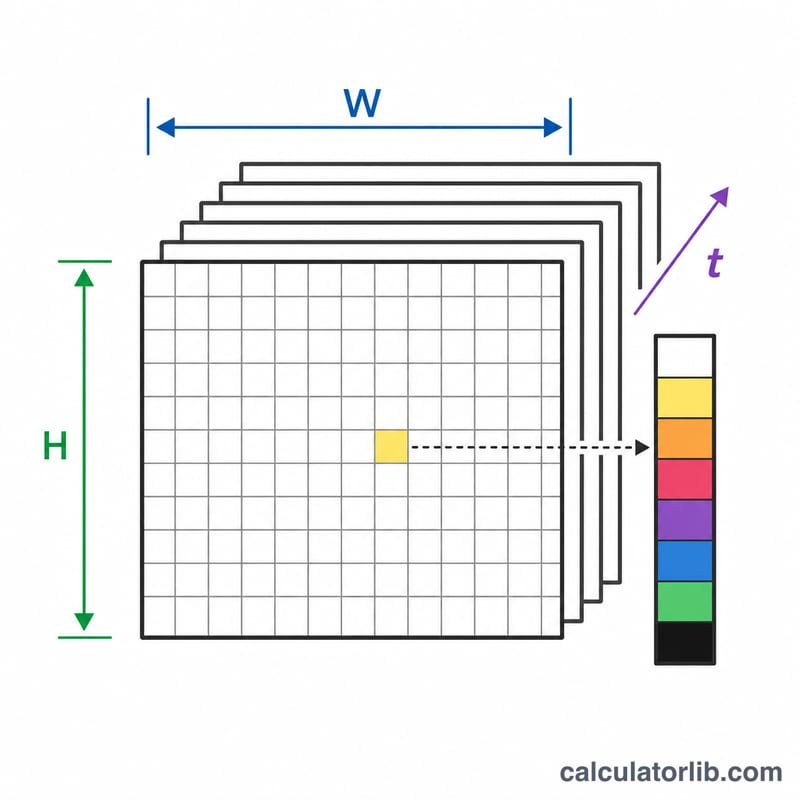 Stack of frames with width, height, pixel grid and color-depth swatches