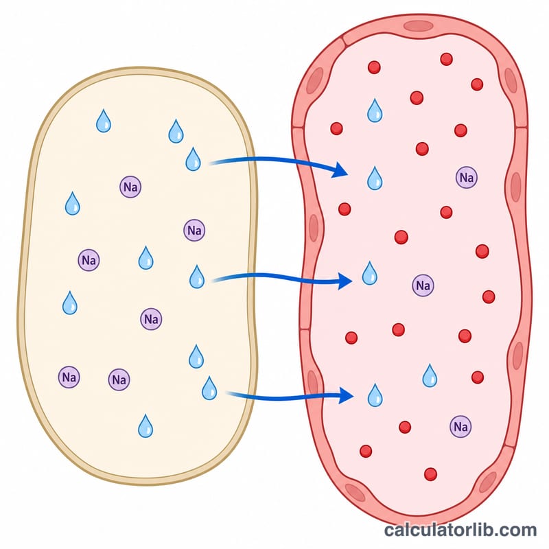 Diagrama que muestra la glucosa atrayendo agua de las células hacia la sangre, diluyendo el sodio