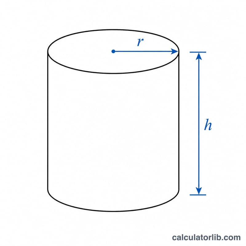Labeled diagram of a cylinder showing radius r and height h