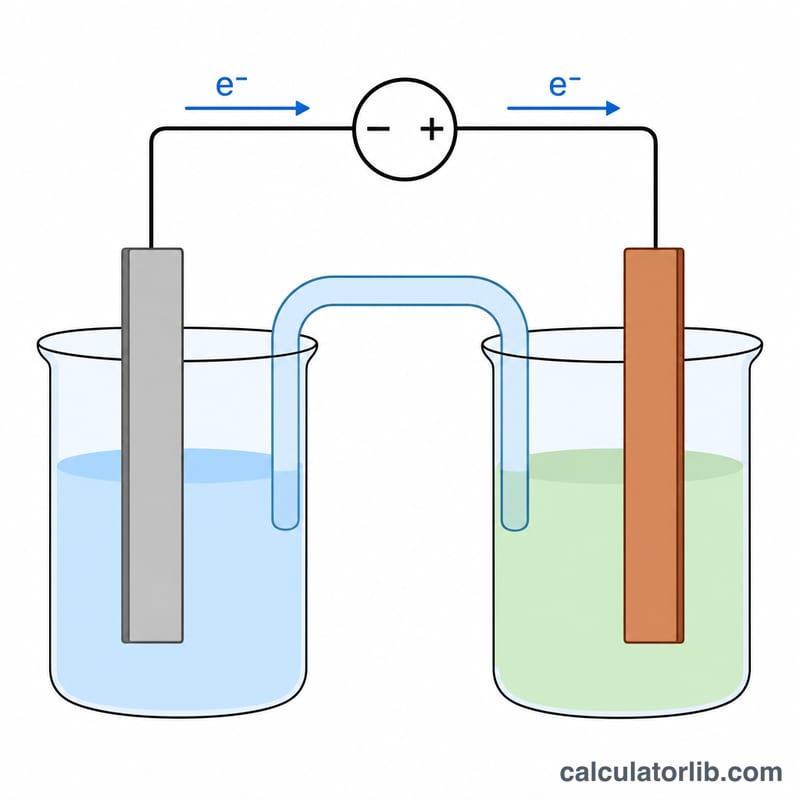 Galvanic cell with two electrodes, salt bridge, voltmeter, and electron flow arrows