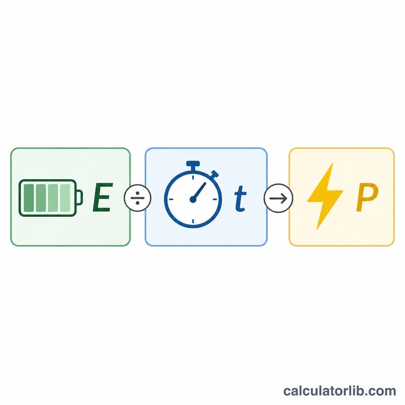 Diagram showing energy E divided by time t equals power P